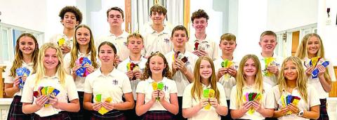 Grades 7 & 8 – (front row, from left) Saybra Pinney, Courtney Magliolo, Caroline Bartek, Reese Dusek, Mallory Bonner, Layney Connor, (second row) Miranda Bonner, Layne Besetzny, Weston Hollas, William Eudy, Brett Hollas, Bo Brossmann, Jenna Guentert, (back row) Denver Carr, Brock Seger, Adam Schramek and Charlie Shank.