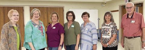 Officers installed at the Fayette County Retired Teachers Association meeting included (from left) Karen Fitch, secretary; Chris Morrison, treasurer; Lisa Slinkard, president; Debbie Morrill and Kathy Migl, co-first vice presidents; and Melanie Mica, second vice president. Gene Stokes (right), District 13 TRTA president, performed the installation.