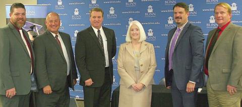 On hand to sign the articulation agreement establishing the Alliance for College and Career Student Success were: (from left) Dr. Andy Reddock, Flatonia ISD superintendent; Dr. Jeff Harvey, Fayetteville ISD superintendent; Jon Wunderlich, Weimar ISD superintendent; Dr. Mary Hensley, chancellor of the Blinn College District; Dr. Miller Beaird, Columbus ISD assistant superintendent; and Duane Limbaugh, Schulenburg ISD superintendent. Sticker Photo By Darrell Vyvjala