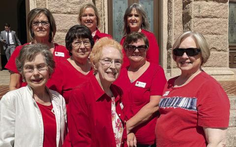 Eight members of the Fayette County Retired Teachers’ Association attended the “Day at the Capitol” – (front row, from left) Sandra Aschenbeck, Karen Fitch, Chris Morrison, (middle row) Jeanne Wetjen, Kathy Migl, (back row) Debbie Morrill, Lisa Slinkard and Melanie Mica.