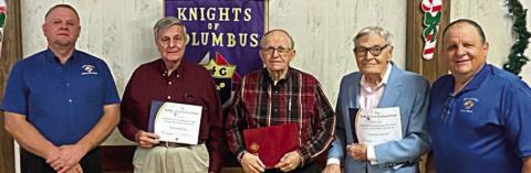 Membership pin presentation – (from left) Paul Zapalac, Council 2902 grand knight; Dennis Olsovsky, 50-year membership pin; Francis Ripper, 50-year membership pin; Ted Stanzel, 25-year membership pin; Rodney Kalich, Council 2902 financial secretary; (not shown) Bob Stryk, 50-year membership pin; and Sam Prihoda, 25-year membership pin.