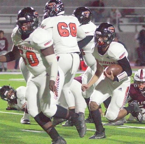 Tyler Ryba follows Tommy Granger to the end zone for a 19-yard scoring run in the first quarter after getting blocks from Nathan Ricicar (No. 68) and Isaiah Adams. Sticker Photo By Layne Vyvjala