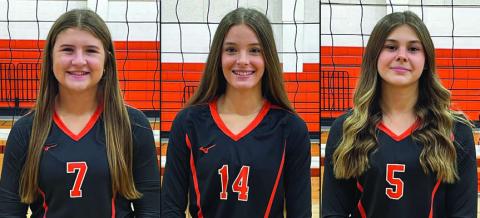 Lady Horns who received superlative honors on the District 27-2A all-district volleyball listing released last week were: (from left) Landry Zapalac, Emmrie Marx, and Haylee Vacek. Sticker File Photos