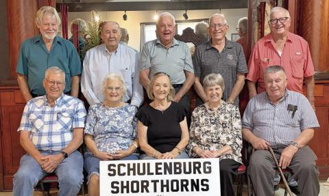 Reunion attendees – (front row, from left) Tom Berger, Gladys (Stryk) Hermes, Lorene (Svetlik) Sarianni, Jeanette (Barta) Treybig, Leo Wick, (back row) Leon Svetlik, Emil Pauler, Gary Herzik, Harvey Oeding and George Hranicky.