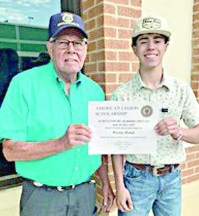 Wesley Holub (right) has been awarded a $1,000 scholarship by American Legion Post 143 and Auxiliary. Holub plans to attend Texas Tech University and study architecture. Making the presentation was his grandfather, Wesley Holub (left).