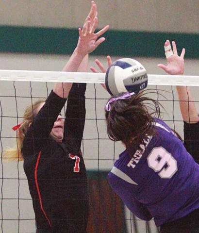 Kloe Kutac sends back a Thrall attack in game three Saturday. Sticker Photo By Layne Vyvjala