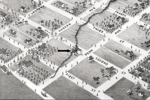 Alth ough shutt ered by 1881 whenAugustus Koch drew this Bird’s-Eye View of Flatonia, the arrow marks the approximate location of the former Flato-Amsler Brewery. The tree on this corner has now grown to enormous size. Was it due to extra nutrients in the soil from spillage of yeast and hops?