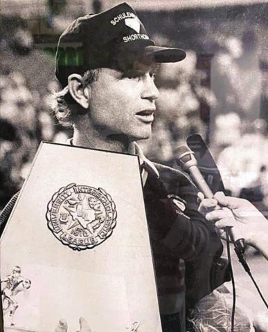 David Husmann gives an interview while holding the state championship trophy following the Shorthorns’ 35-20 win over Goldthwaite in the 1992 Class 2A title game played in the Astrodome.