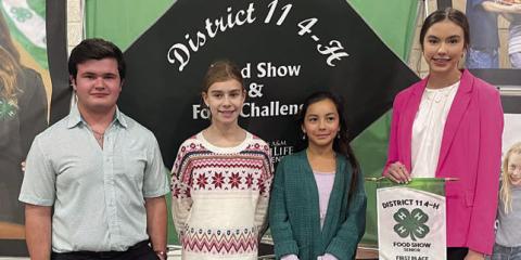 Food Show – (from left) District 11 4-H officer Logan Poncik, Jillian Seale, Chloe Oliva, and Tori Newton. Newton finished first in the Senior Division healthy dessert category and advances to the Texas 4-H Roundup.