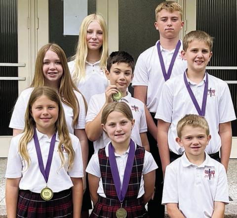 Placing at the PSIA state meet were St. Rose students (front, from left) Brylee Stoever, Emileigh Divin, Benjamin Sustr, (middle, from left) Reese Dusek, Micah Garcia, Levi Johnson, (back, from left) Brynn Bubela, and Weston Hollas.