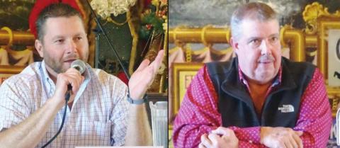 Precinct 4 commissioner candidates Drew Brossmann (left) and Stephen Matula (right) speak at Saturday’s Republican forum. Photo By Melanie Berger / Courtesy of Flatonia Argus