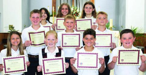 Grades 4-8 students attaining the high honor roll each nine weeks for the 2022-23 school year were (front row, from left) Clare Besetzny, Briley Hartensteiner, Cal Schiffli, Abraham McBride, (middle row) Bo Brossmann, Holden Holub, Weston Hollas, (back row) Lillia Wotipka, Jenna Guentert and Valerie Sedlar.