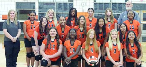 Kneeling, from left: Jessa Jarvis, Brieyelle Moore, Avery Hartensteiner, Caliee Woytek, and Rubi Cortez. Middle, from left: Olivia Faith, Ryleigh Steward, Arely Cortez, Yasmin Delgado, and Ruby Sanchez. Back, from left: coach Carol Hargadine, Cloe Thompson, Kashlynn Barnes, Zaloree Sidney, Keenly Martinez, Haylee Stary, Josephine Wright, and coach Larry Tidwell.