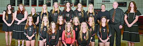 Making up the 2025-26 Lady Horn volleyball team were: (front, from left) Kerr McBride, Jenna Guentert, Mallory Bonner; (second row, from left) Miranda Bonner, Reagan Dusek, Haylee Vacek, Greenli VanZandt, Michaela Kollmann, Landry Zapalac; (standing, from left) manager Ava Faith, manager Cora Brenek, assistant coach Carol Hargadine, Clara Magliolo, Aubryn Janda, Grace Schramek, Kimber Bartosch, Saybra Pinney, assistant coach Melissa Zapalac, head coach Donald Zapalac, and manager Courtney Magliolo.