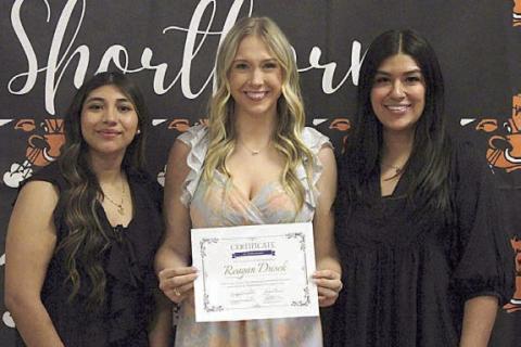 Reagan Dusek (center), Schulenburg High graduate, received the Ginger Stanzel Bosl Memorial Scholarship for 2026. On hand for the presentation were Melanie Ramirez (right), Stanzel Family Foundation program director, and Ruby Rodriguez (left), 2025 Ginger Stanzel Bosl Scholar.