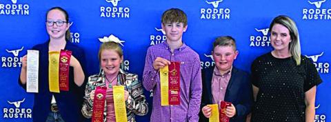 Placing fifth in livestock judging at Rodeo Austin was Fayette County 4-H Junior Team 1 consisting of (from left) Paige Carruthers, Kaisley Janecka, Kullen Kutac, Abraham McBride and coach Kaci Carrales.