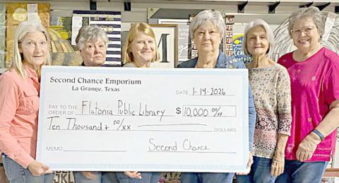CHECK PRESENTATION from Second Chance Emporium to Flatonia Public Library – (from left) Gayle Schielack, SCE store director; Darlene Strahan, SCE assistant store director; Marlene Schnell, SCE assistant store director; Glenda Mach, library board member; Barbara Rogers, library board member; and Carolyn West, library board member.