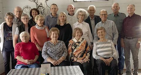 Att ending the 65-year reunion of the Schulenburg High class of 1957 were (front row, from left) Boots Klein, Esther Brautigam, Ladell Freudenberg, Irene Miksch, (middle row) Mae Wagner, Margaret Loveless, Jean Perkins, Pat Musemeche, Karen Peebles, Willy Schmidt, (back row) Milton Roeder, Lily Hilscher, Win Hollas, Gene Roeder, Emil Herzik, Mac Schramek and Wayne Krischke.