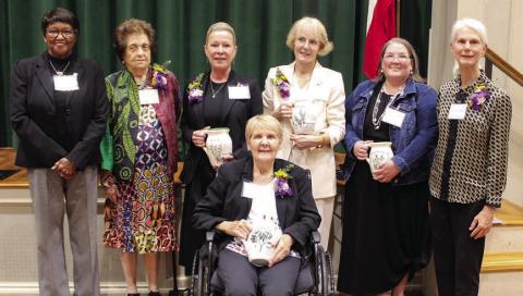 Honored at the League of Women Voters of South Central Texas “Women Making History” event were: (front) Alice Berry of Columbus – Initiative; (standing, from left) La Grange Mayor Jan Dockery, Dr. Mary Fanett Wheeler of Cuero – Steadfastness, Tammy Collins of Flatonia – Vision, Ellen Ashby Kennard (niece of Mary Bristow Willeford of Flatonia – Heritage), Christi Opiela of Hallettsville – Determination, and Connie Shortes of La Grange – Courage.
