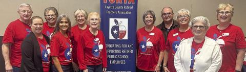 Attending the District 13 Fall Conference from the Fayette County Retired Teachers Association were (front row, from left) Lisa Slinkard, Melanie Mica, Karen Fitch, Joan Miertschin, (back row) Rick West, Carolyn West, Chris Morrison, Kathy Schatte, Bill Wagner, Terri Wagner and Peggy Halamicek.