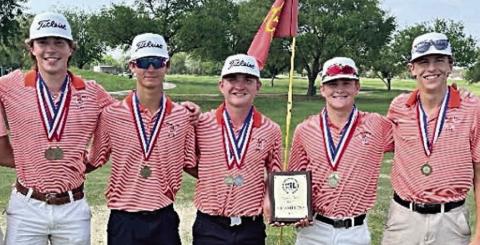 Members Shorthorn golf team, shown with their awards following the district tournament on Monday in Victoria, are: (from left) Jayse Janda, Brant Redman, Brycen Schramek, Reid Janda, and Van Prihoda.