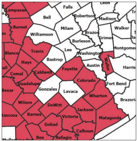 The area counties shaded in red were among 130 statewide (out of 254) that had burn bans enacted as of Monday afternoon, June 13. Source: Texas Forest Service