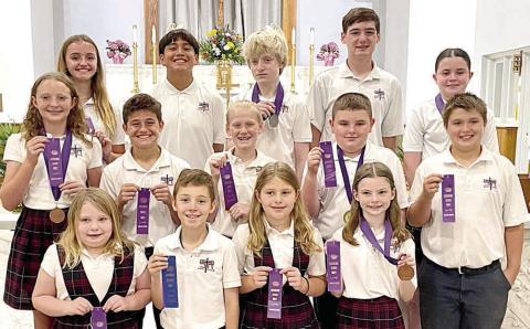 State winners – (front row, from left) Clare McCourt, Brody Lewis, Brylee Stoever, Rylee Wright, (middle row) Caroline Bartek, Cal Schiffli, Briley Hartensteiner, Abraham McBride, Noah Heger, (back row) Miranda Bonner, Maximo Hernandez, Allen Ballard, William Taylor and Charlotte Schmidt.
