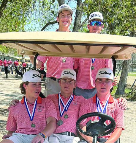 Shorthorn golf team members, shown with their medals following the tournament in Hallettsville, are: (seated, from left) Jayse Janda, Reid Janda, Brycen Schramek; (back, from left) Van Prihoda, and Brant Redman.