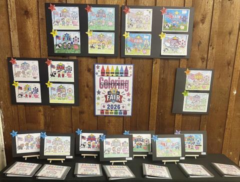 Disp lay of entries in the Fayette County Fair coloring contest, open to students in pre-K through fifth grade.