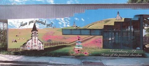 This rendition shows what the proposed mural will look like on the north wall of the downtown restrooms.