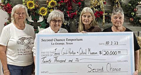 On hand as Second Chance Emporium donated $20,000 to the Texas Czech Heritage &amp; Cultural Center Inc. were (from left) Janis Hrncir, TCHCC curator; Retta Chandler, TCHCC president; Gayle Schielack, SCE store director; and Darlene Strahan, SCE assistant store director.
