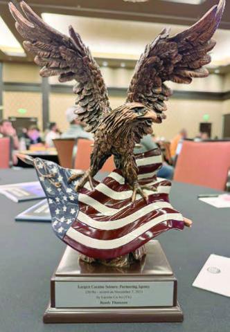 The award reads – “Largest Cocaine Seizure: Partnering Agency, 220 lbs. – seized November 7, 2023 by Fayette Co. SO (TX) Randy Thumann.”