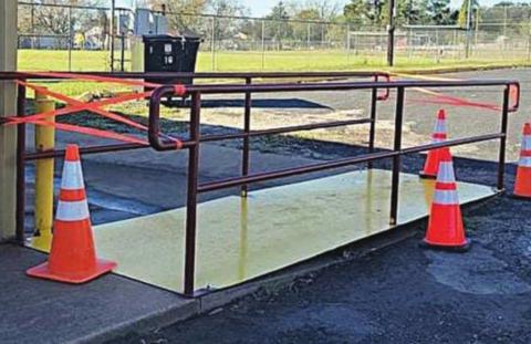 ‘THE BRIDGE’ – This ramp was installed at the Navidad Community Connections Center in Wolters Park on Tuesday, Nov. 2 by City of Schulenburg personnel so that the senior citizens don’t have to walk through water and/or mud to get to the front door.