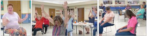 PEGGY O’NEILL (left) spoke about Hatha Yoga and led members of the Fayette County Retired Teachers’ Association in a number of postures and breathing exercises during the meeting on Monday, May 9.