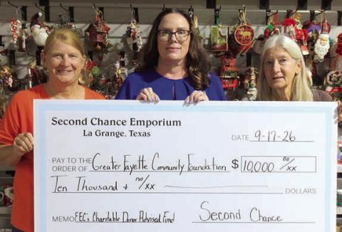 Second Chance Emporium recently presented a grant to help Fayette Electric Cooperative’s Charitable Donor-Advised Fund continue providing free books to children in Fayette County through Dolly Parton’s Imagination Library. Tracy Denton (center), FEC director of marketing, communications, and training, gratefully receives the check from Marlene Schnell (left), assistant store director at Second Chance Emporium, and Gayle Schielack (right), store director at Second Chance Emporium.