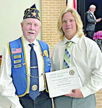 American Legion Post 143 and Auxiliary have awarded a $1,000 scholarship to Daniel Bowling (right), 2025 graduate of Flatonia High School. He plans to study telecommunications at TSTC in Waco. His goal is to work with fiber optics for LCRA. Harry Bartosh (left) made the presentation to his grandson.