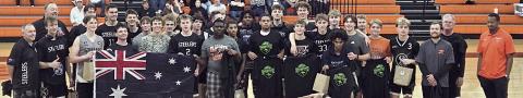 Shorthorn players and coaches exchange gifts with the Australian touring team Western Port Steelers when the Aussies came to town for the Schulenburg Christmas Tournament on Dec. 27-28.