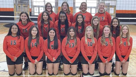 Lady Horn freshmen Kneeling, from left: Ariel Sosa, Emily Veloz, Hayden Martinez, Natalia Garcia, Brennan Chudej, Hope Hammack, and Michaela Kollmann. Middle, from left: Molly Rorschach, Perla Martinez, Jashiya Jackson, Morgan Steinhauser, Haylee Vacek, and Valeria Cleto. Standing, from left: Cora Brenek, Summer Livingston, Arianna Goff, and Ava Bubela. Sticker Photo By Darrell Vyvjala