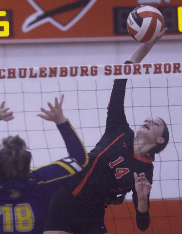 Emmrie Marx connects for a kill in the fourth set, one of her 32 versus the Ladycats. Sticker Photo By Darrell Vyvjala