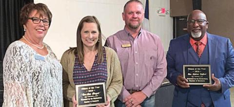 DeeAnn Hooper (second from left) and the Rev. Andrew Stafford (right) receive the Co-Citizens of the Year award from Chamber Executive Director Terri Wagner (left) and Chamber President Paul Zapalac. Sticker Photo By Dale Manning