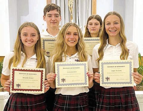 8th Grade – (front row, from left) Miranda Bonner, Jenna Guentert, Layne Besetzny, (back row) William Taylor and Valerie Sedlar.