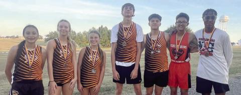 Shorthorns and Lady Horns earning medals last week in Shiner were: (from left) Anna Maria Granados, Michaela Kollmann, Ellie Hammack, Adam Schramek, Victor Mandujano, Daniel Moreno, and DeMarion Glass.