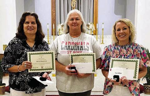 St. Rose of Lima Catholic School presented service milestone awards on Thursday, May 16 to three staff members – (from left) Sheila Klimitchek, grades 3-4 teacher, 5 years of service; Carmen Stoner, aide/cafeteria, 10 years of service; and Kacy McBride, grade 1 teacher, 5 years of service. St. Rose thanks all teachers and staff for their dedication and service to the essential resource for our future – children.