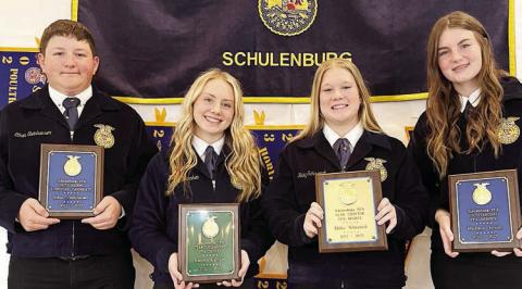 Star Award Recipients – (from left) Lone Star, Ethan Steinhauser; Greenhand, Keeley Warnken; Chapter, Haley Schramek; and Outstanding Member, Madyson Holub.