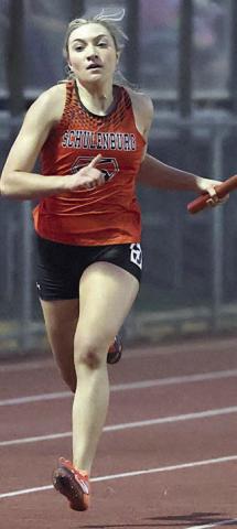 Greenli VanZandt heads to the finish line running the anchor leg of the 800-meter relay team that placed first. Photo By Melanie Berger / Courtesy of Flatonia Argus