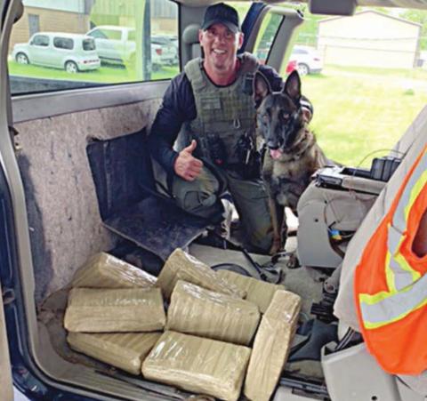 Sgt. Randy Thumann and his K-9 partner Kolt with eight bundles of marijuana located during a traffic stop on a 2000 Chevrolet Z-71 on Interstate 10 near Flatonia.