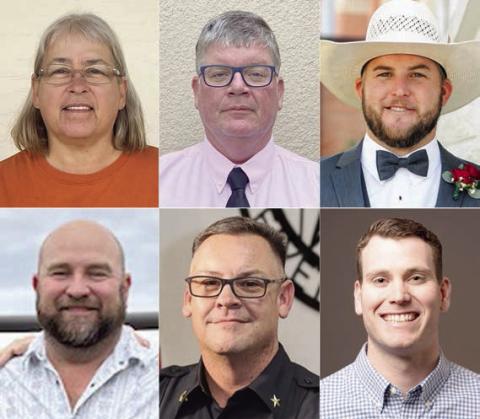 Based on the unofficial results, winners in the contested races from the local elections were: (top, from left) Connie Koopmann, mayor-elect; Frank Wick III, Place 2 alderman-elect; Scott Stoner, Place 3 alderman-elect; (bottom, from left) Jarrod “Buck” Schramek, trustee-elect; Troy Brenek, trustee-elect; and Hale Hentges, trustee-elect.
