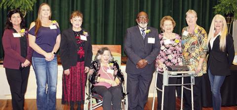 2025 ‘WOMEN MAKING HISTORY’ HONOREES/REPRESENTATIVES – (from left) Teresa Brown, Angela Lala, Maria Vega, Karey Bresenhan, the Rev. Andrew Stafford (receiving the award for his mother, Maezell Stafford Townsend), Lucille Strickland, Brenda Fisseler, Robin Wedgeworth (receiving the award for her mother, Gladys Giese).