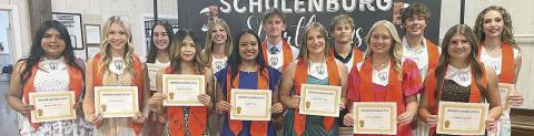 HONOR GRADS - Front row, from left: Shalanie Olvera, Reagan Dusek, Jailyn Guerrero, Daysi Rico, Kyrroll Prihoda, Keeley Warnken and Landry Zapalac. Back row, from left: Kenna Oliver, Clara Magliolo, Jamison Bennett, Emerson Harvey and Jayse Janda. Not shown: Scott Bass. – Sticker Photo By Darrell Vyvjala 