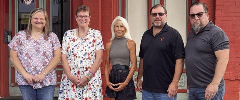 CURRENT STICKER STAFF – (from left) Ad/Office Manager Carla Ricicar, Receptionist Bernadette Gillings, Co-Publishers Diane Prause and Darrell Vyvjala, and Printing Department Manager Dale Manning. Sticker Photo By Layne Vyvjala